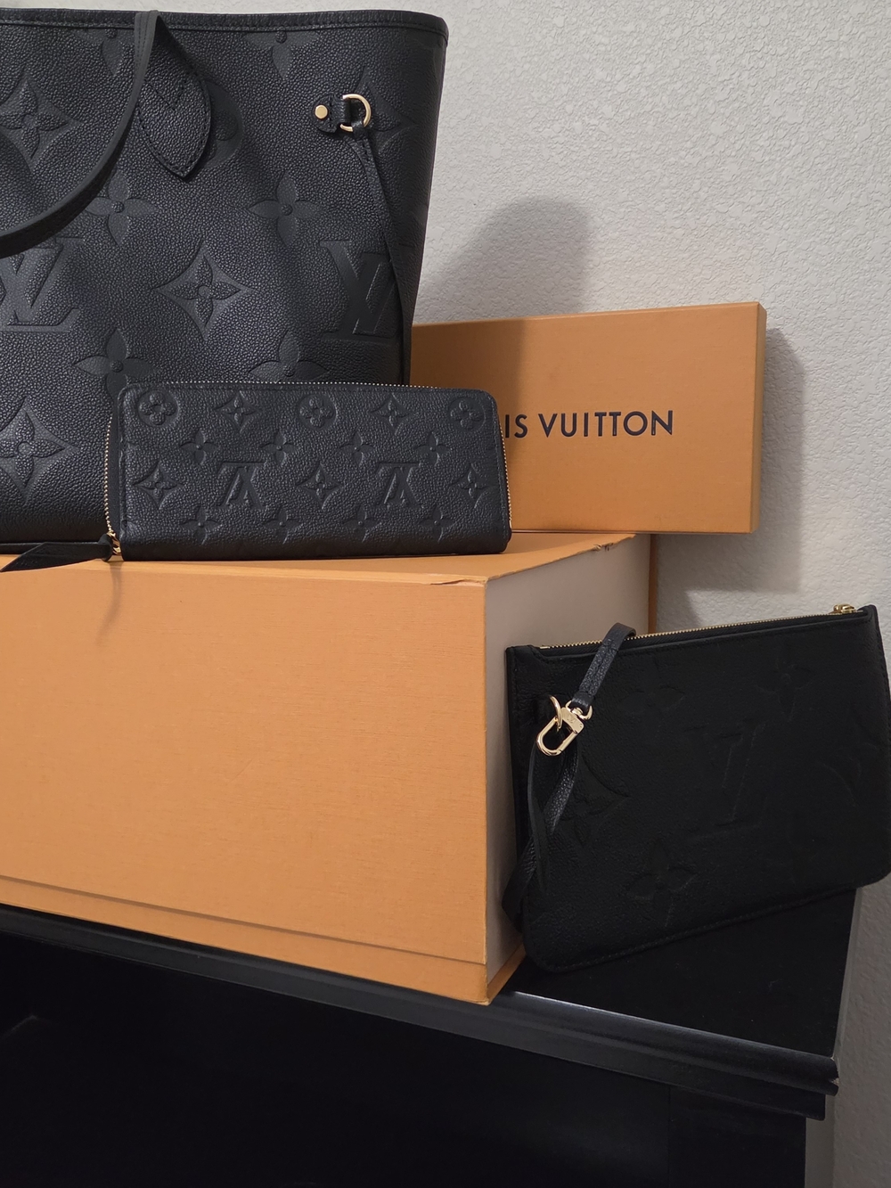 Louis Vuitton Black Monogram Embossed Leather Tote & Pouch Set
